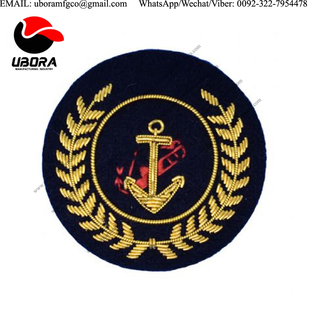 Blazer Badge badge hand embroidered gold wire bullion wire patches supplier, naval hand embroidered 